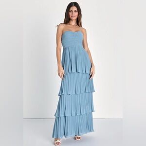 Lulu's Blue Strapless Ruffled Gown